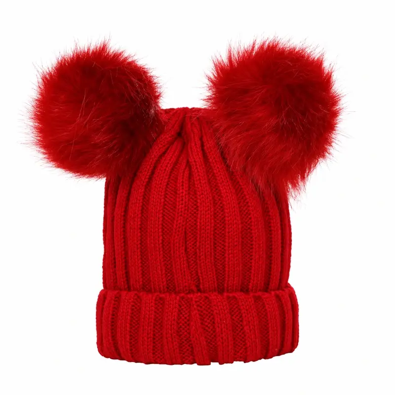Red rib-knit beanie with two red pom-poms at the crown sides