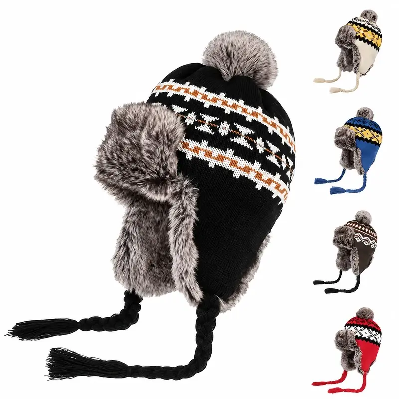 Black patterned knit earflap beanie with two faux-fur pom-poms and braided ties