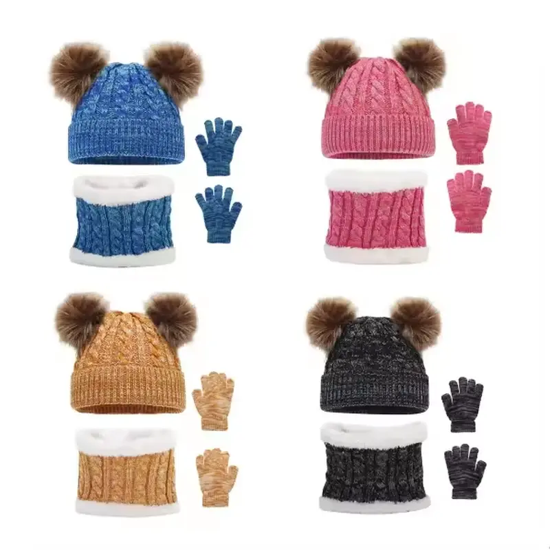 Four color variations of double pom beanie sets for fit and proportion review