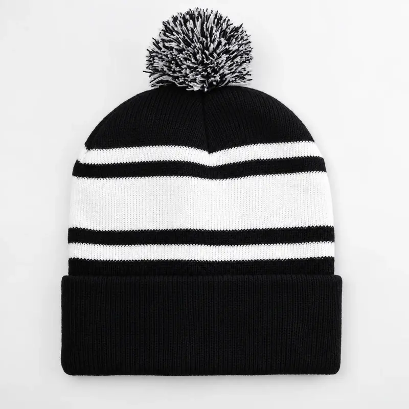 Black-and-white striped knit beanie with a faux-fur pom-pom