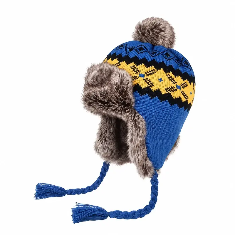Blue, yellow and black jacquard earflap beanie with faux-fur poms and braided ties