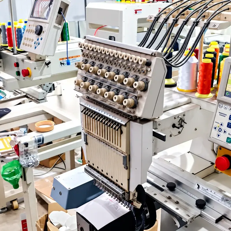 Automated embroidery machine, colored thread cones and operator controls