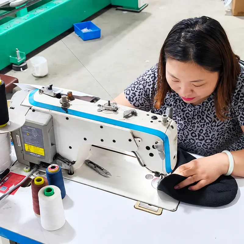 Operator sewing a black knit piece on an industrial machine