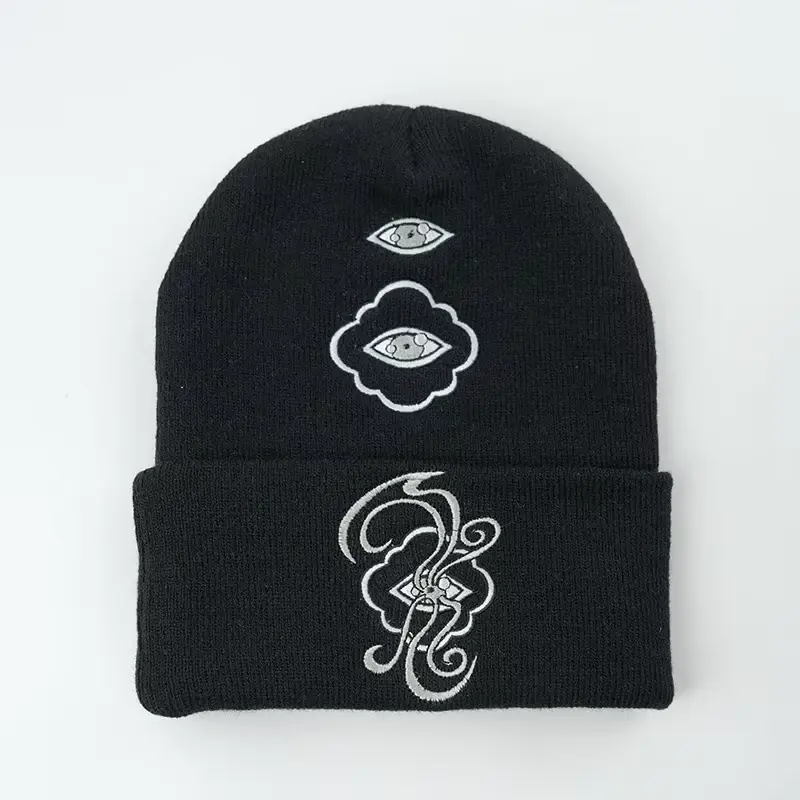 Black cuffed beanie with white embroidery on the crown and cuff