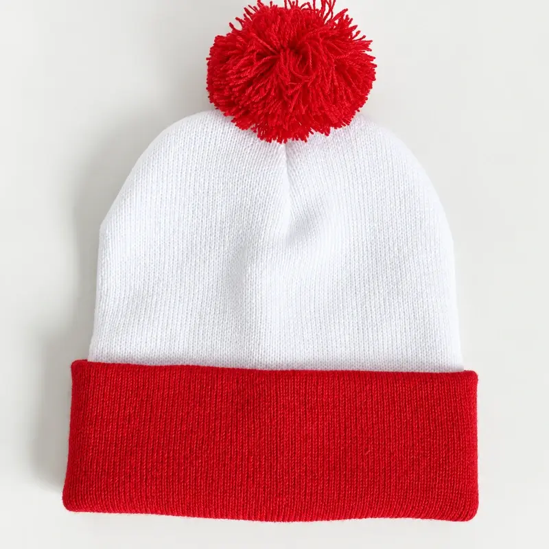 Red and white Christmas beanie with a red pom-pom