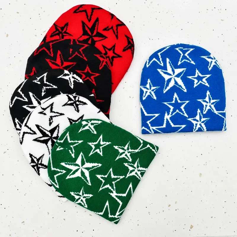 Red, green, white and blue jacquard beanies with Christmas motifs