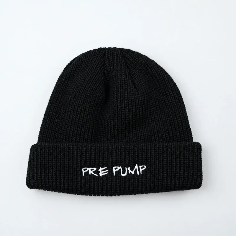 Black short fisherman beanie with white embroidered cuff lettering