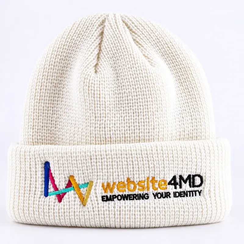 White short fisherman beanie with colorful embroidered lettering