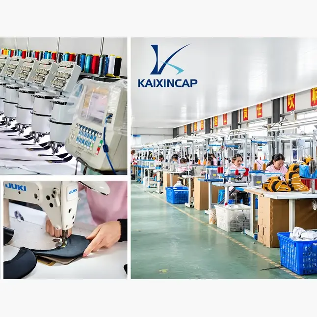 Embroidery machines and workers producing knit hats in the factory