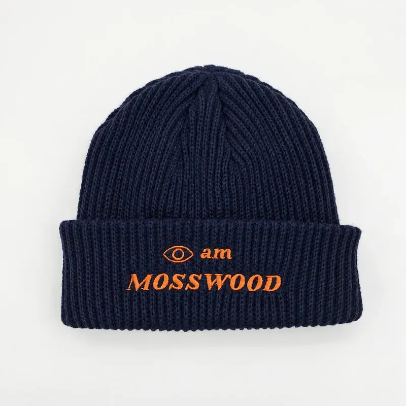 Navy short beanie with a centered orange embroidered logo on the folded cuff