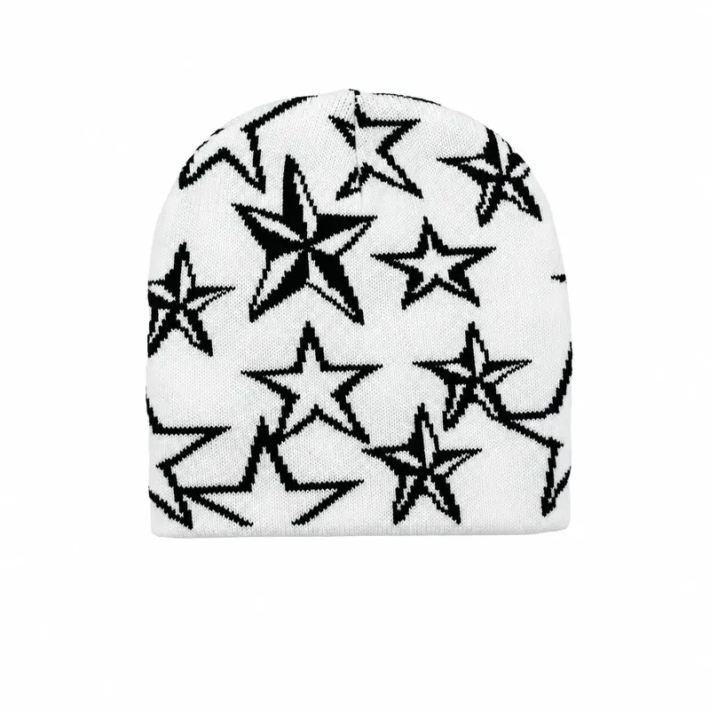 White Fair Isle beanie with repeated black star motifs