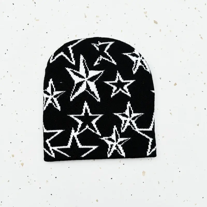 Black Fair Isle beanie with repeated white star motifs