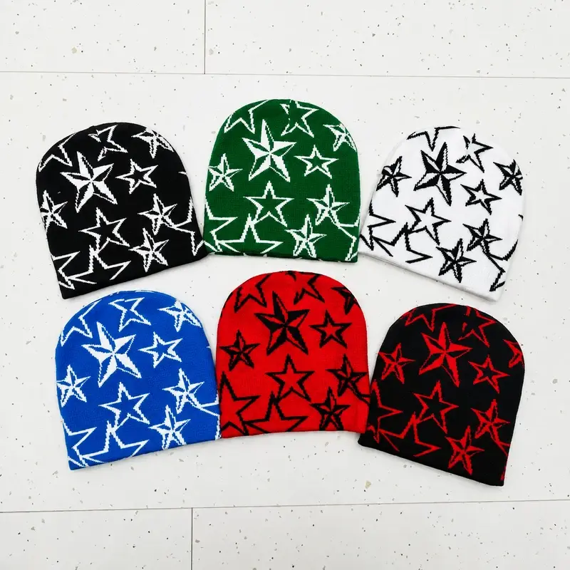 Six Fair Isle star beanie color options in contrasting yarn combinations