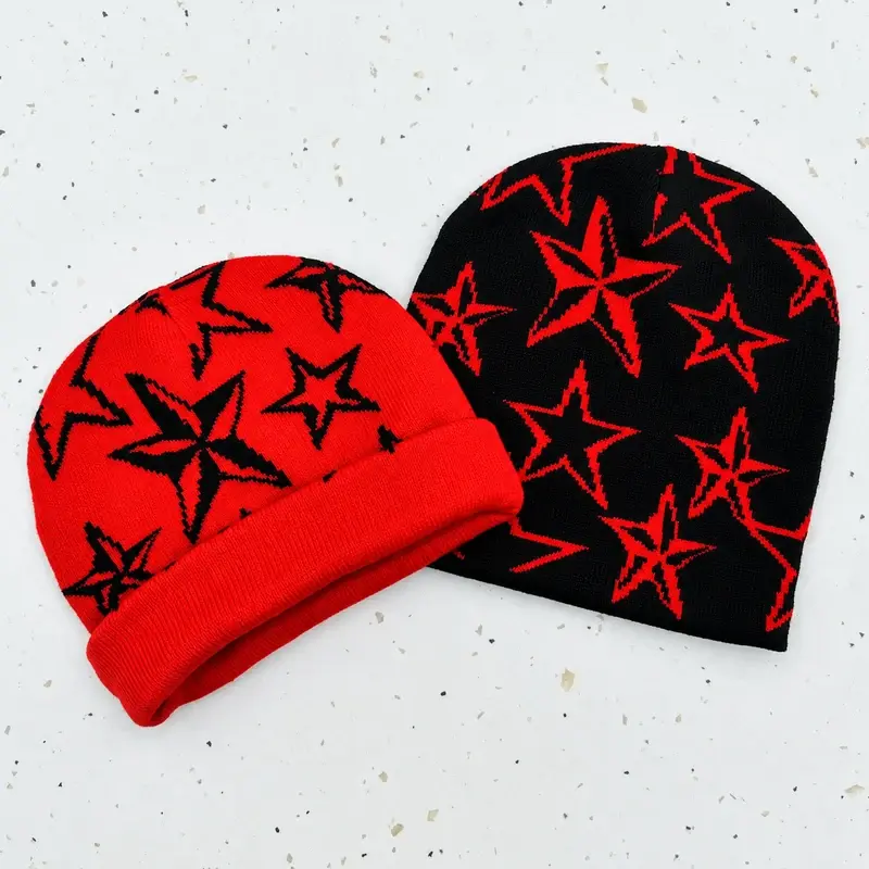 Red and black jacquard beanies with repeated red star motifs