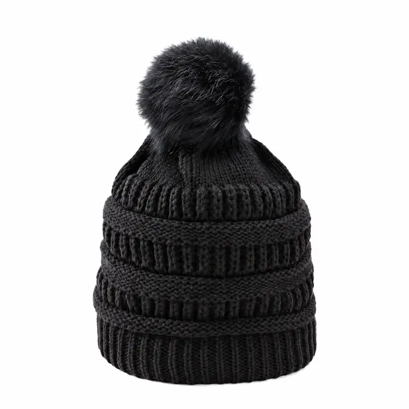 Black cable-knit beanie with a charcoal faux fur pom, front view