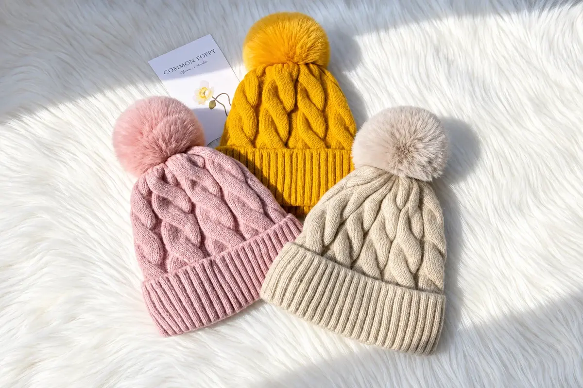 Beanie examples showing different knit shells, cuffs and faux fur poms