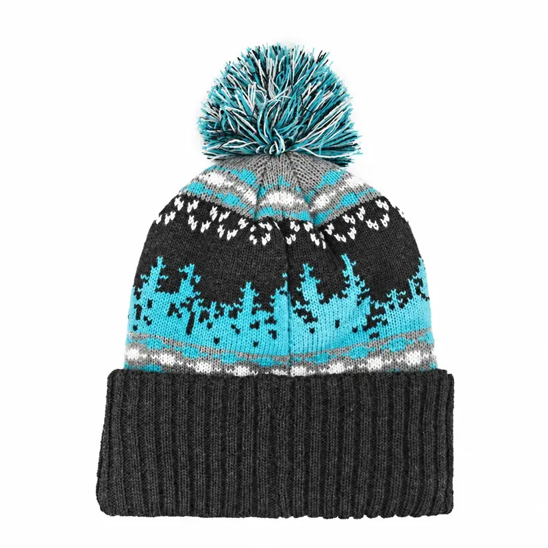 Charcoal beanie with turquoise and white snowflake jacquard and a blue pom, front view