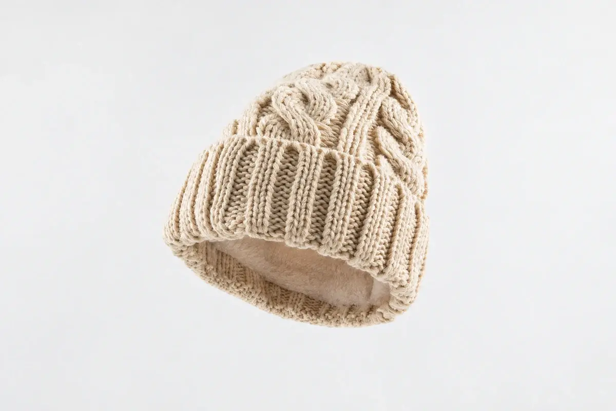Cream cable-knit cuffed beanie opened to show its tan fleece lining
