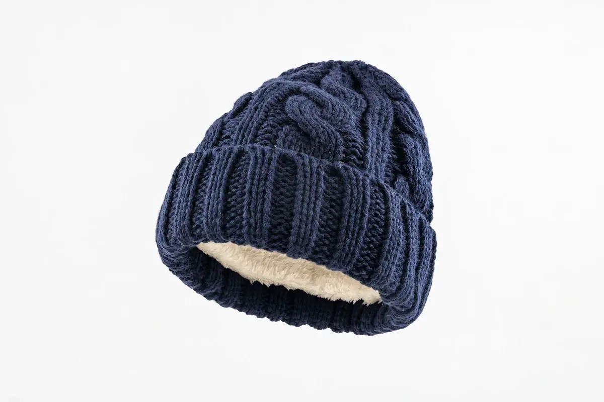 Navy cable-knit cuffed beanie opened to show cream fleece lining