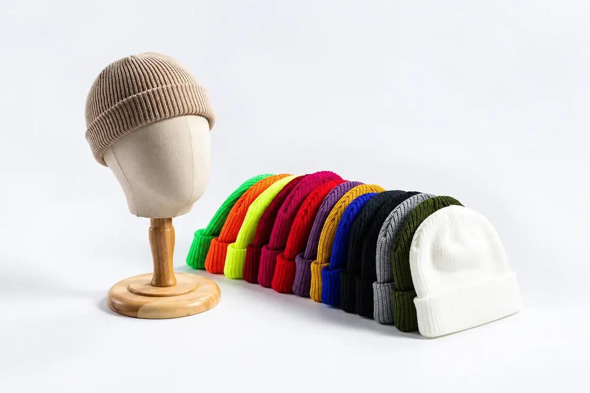 Cuffed beanies displayed in a range of solid colors beside a mannequin