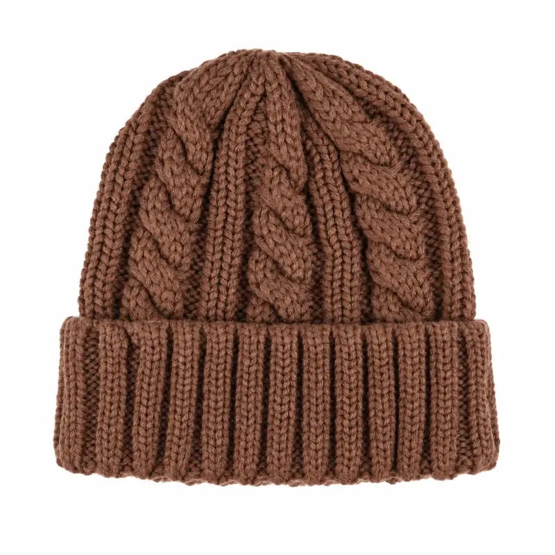 Brown chunky cable-knit cuffed beanie