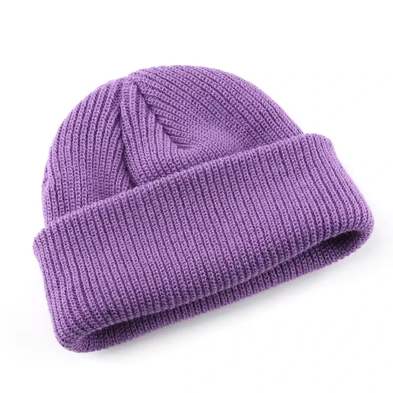 Lavender ribbed cuffed beanie with a thick knit texture