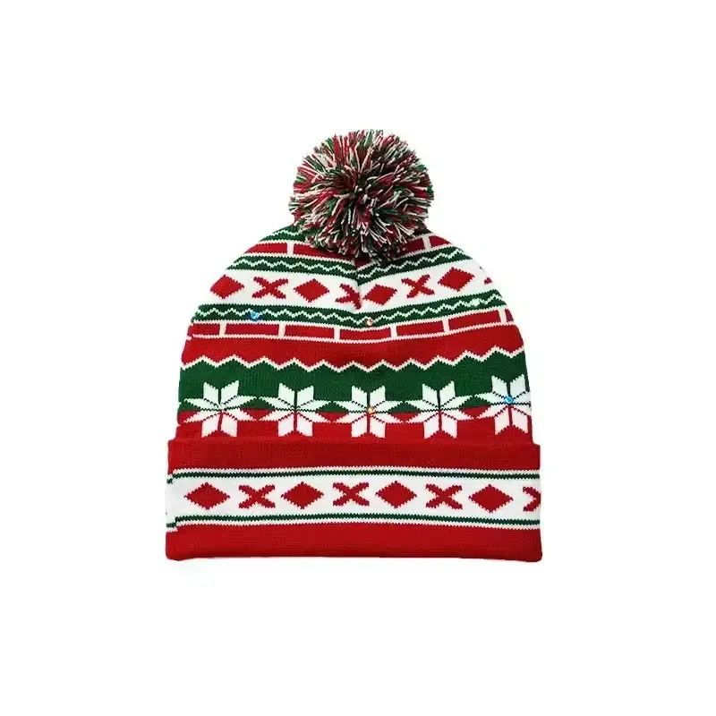 Red, green and white Christmas knit beanie with a pom