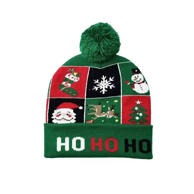 Green Christmas knit beanie with pom, snowflake, Santa and snowman motifs