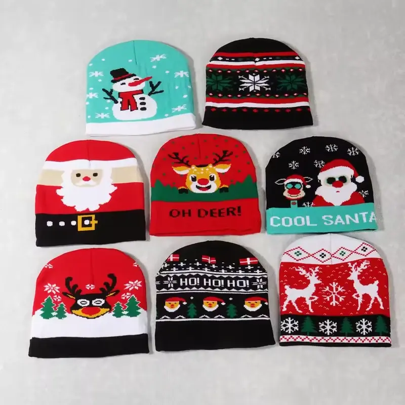 Eight Christmas knit beanies showing red, green, black and turquoise color arrangements