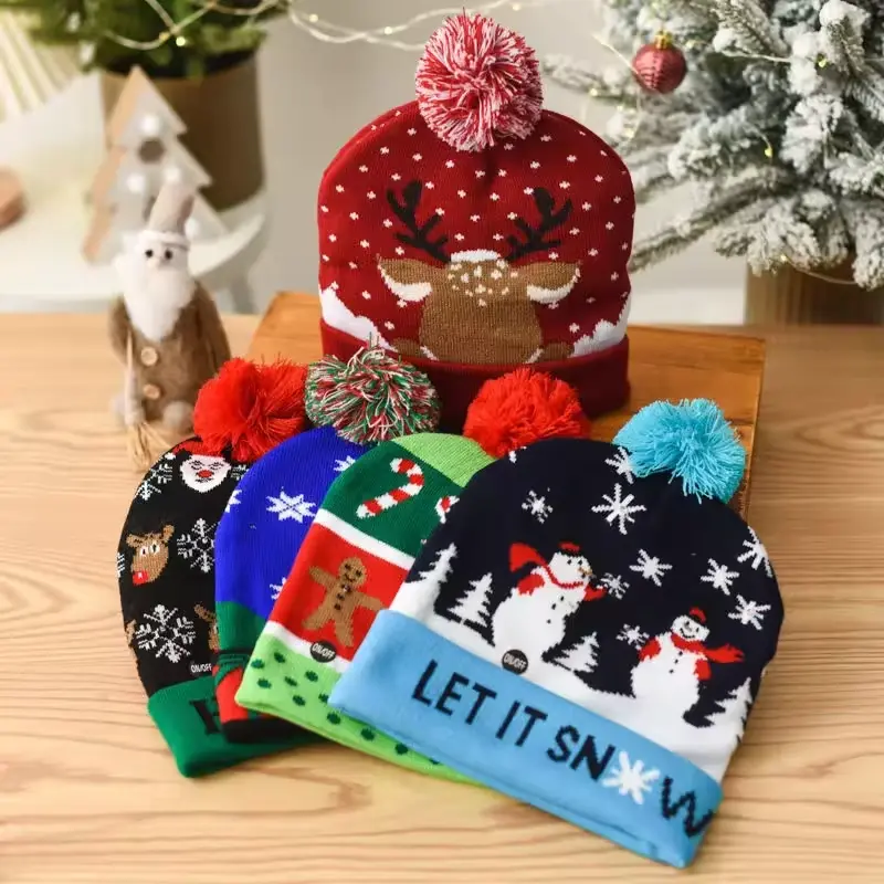 Christmas knit beanies in several colors, including pom-pom styles