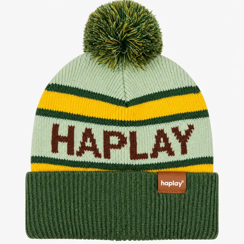 Pale green jacquard pom pom beanie with yellow and green stripes and HAPLAY lettering