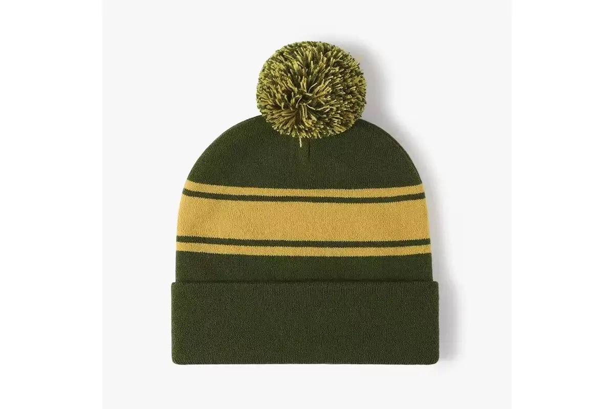 Olive pom pom beanie with yellow knitted stripes