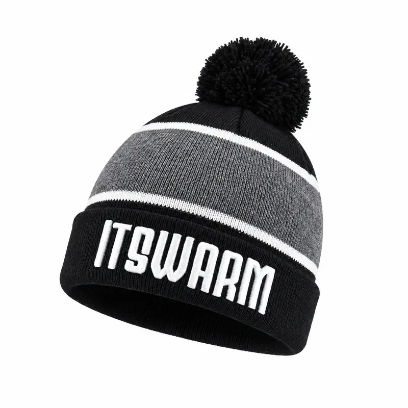 Gray and black rib-knit beanie with a black yarn pom and ITSWARM cuff lettering