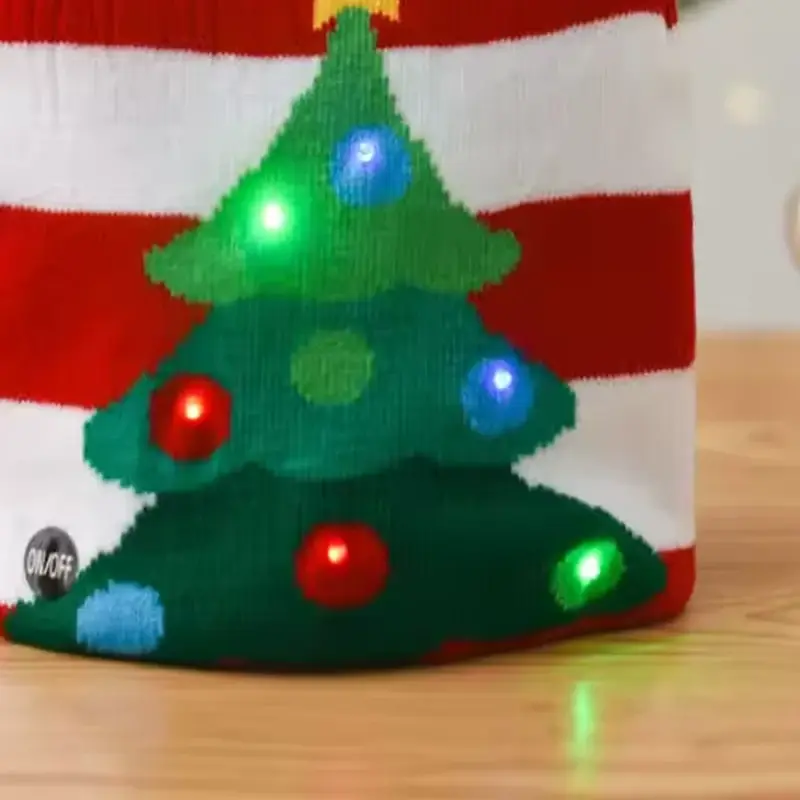 Red and white knit cuff with colored LED lights on the Christmas beanie