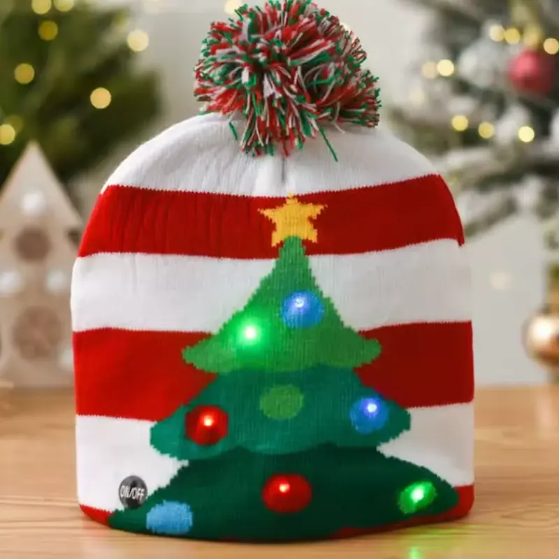 LED Christmas beanie showing the knit tree, light positions and switch