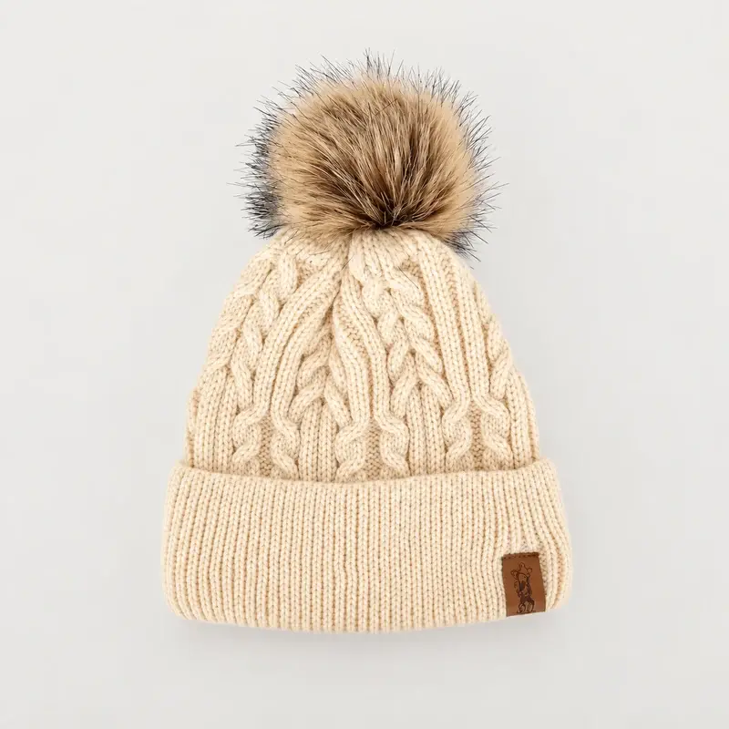 Cream cable-knit beanie with oversized tan pom-pom and cuff patch