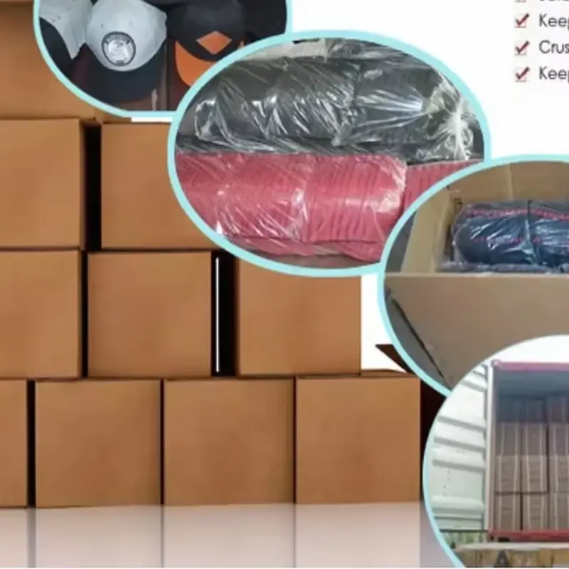 Packed hats, protective bags and shipping cartons shown as packaging references