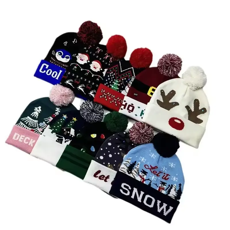 Assorted Christmas knit beanies with snowflakes and seasonal motifs