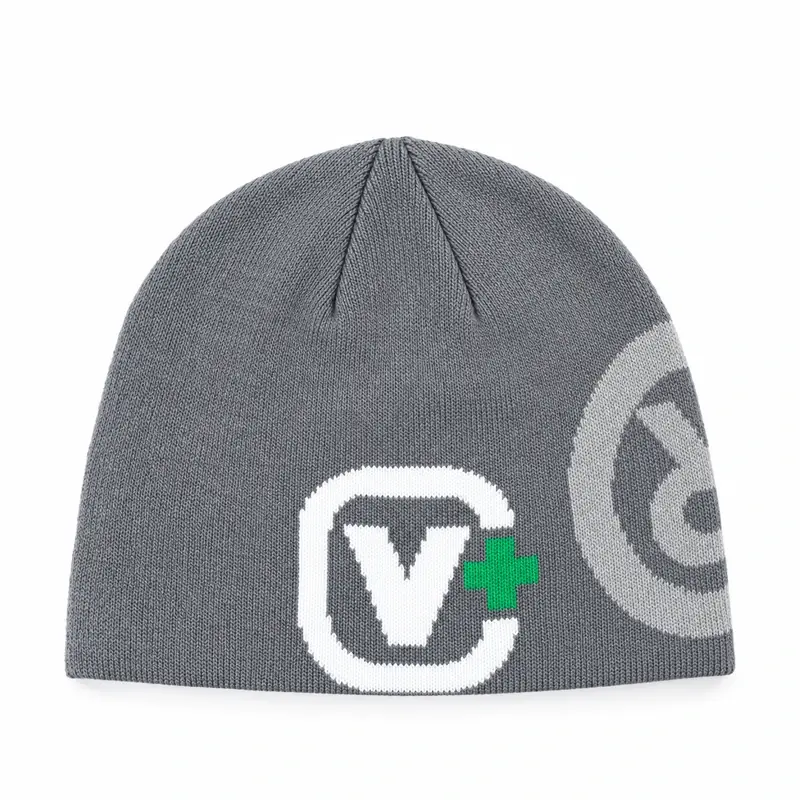 Gray cuffless beanie with white C-shaped knit mark and green plus