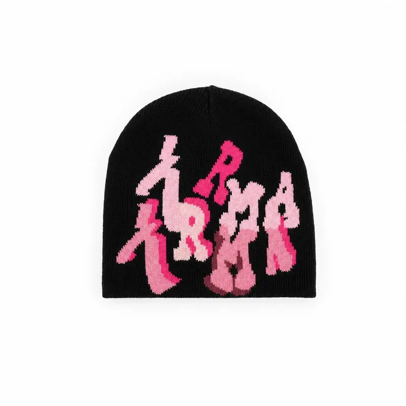 Black close-fit cuffless skull cap with pink and white knitted lettering