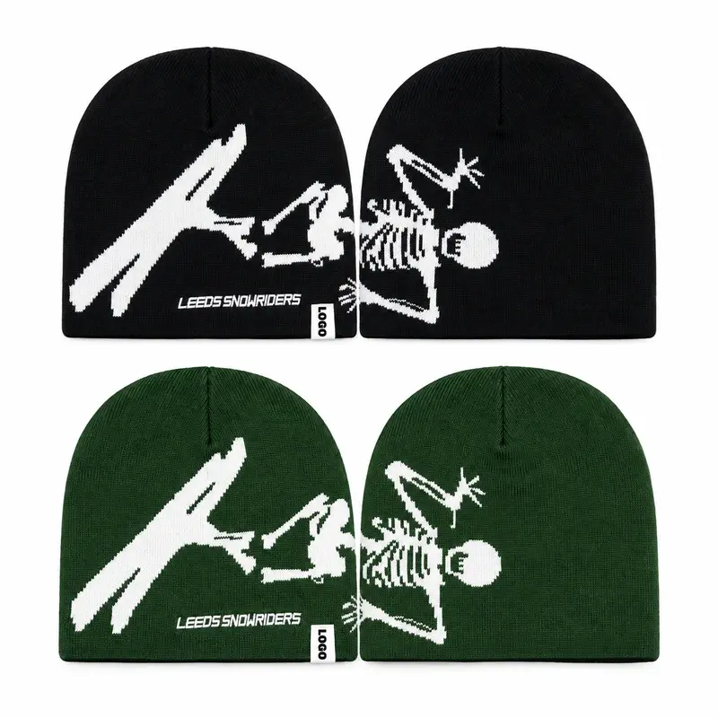 Black and green reversible double-layer cuffless knit beanies, inside and outside views