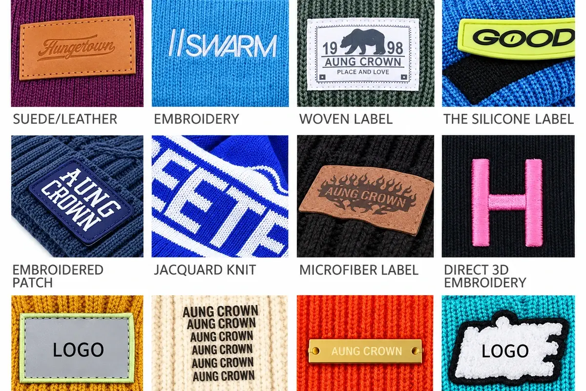 Knit surfaces with leather, embroidered, woven, silicone and jacquard branding samples