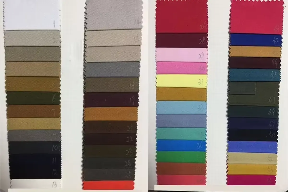 Rows of fabric and yarn color swatches
