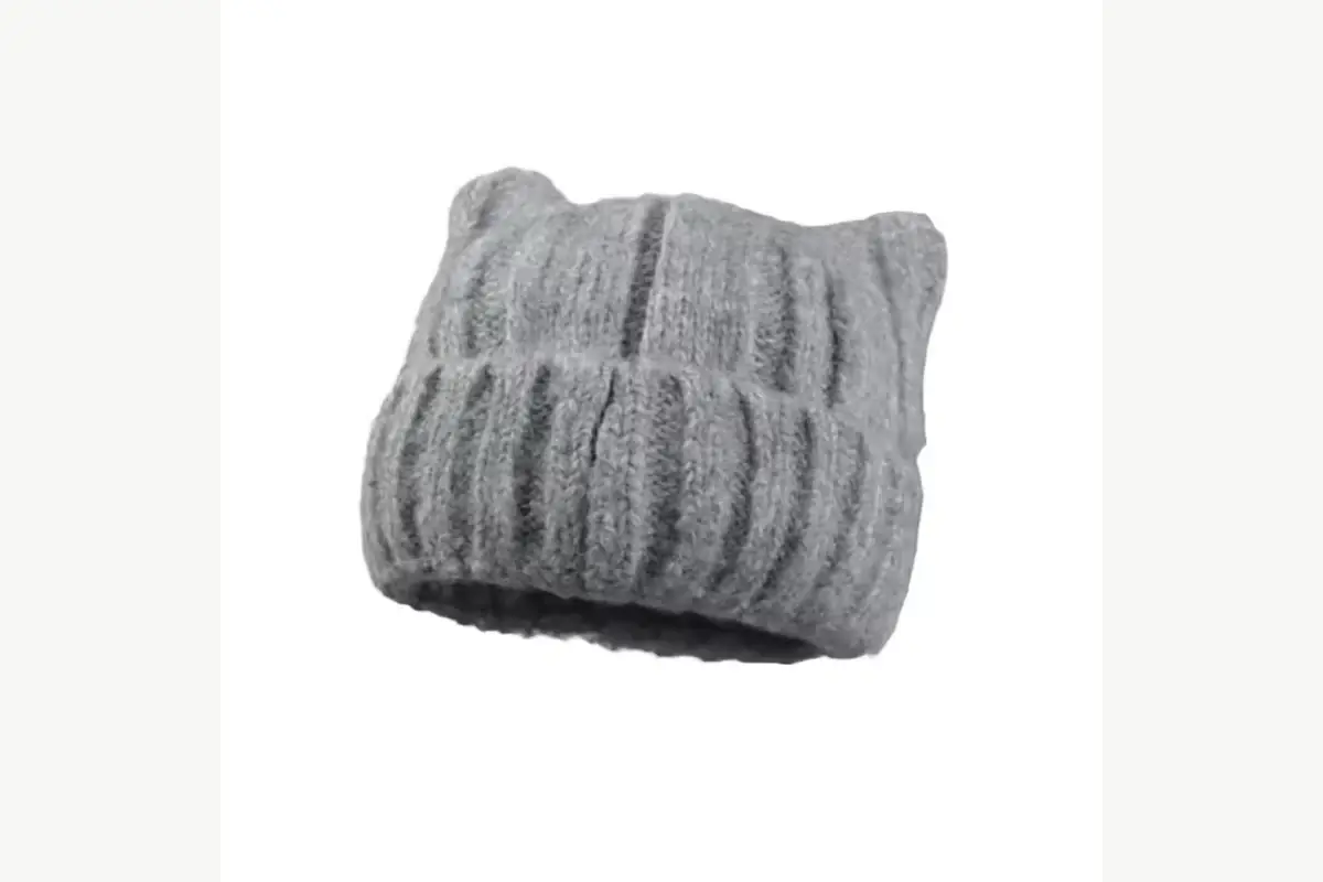 Gray chunky beanie laid flat to show crown and opening