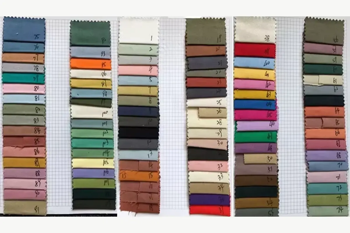 Rows of colored material swatches for choosing a knit shade