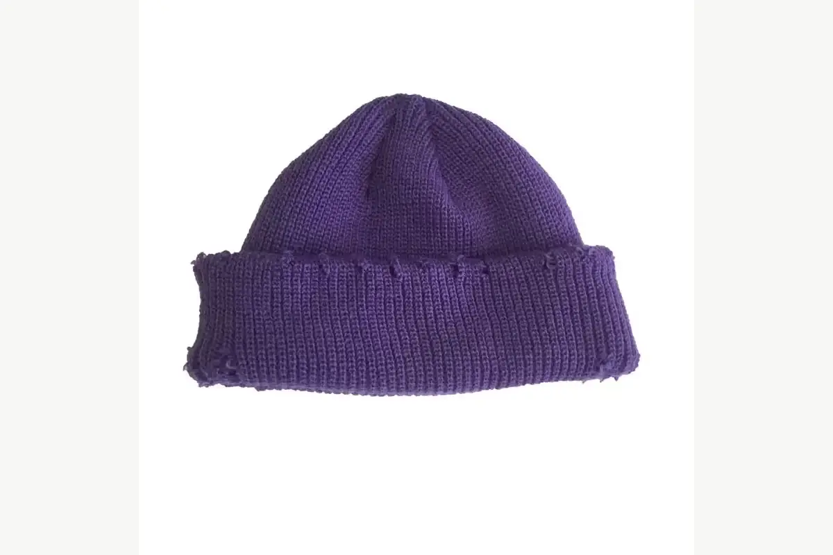 Plain purple rib-knit beanie with an open front area for branding