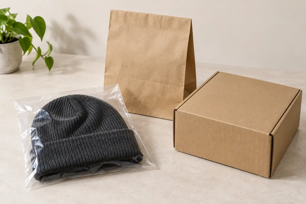 Folded knit beanie in a clear bag beside plain kraft packaging