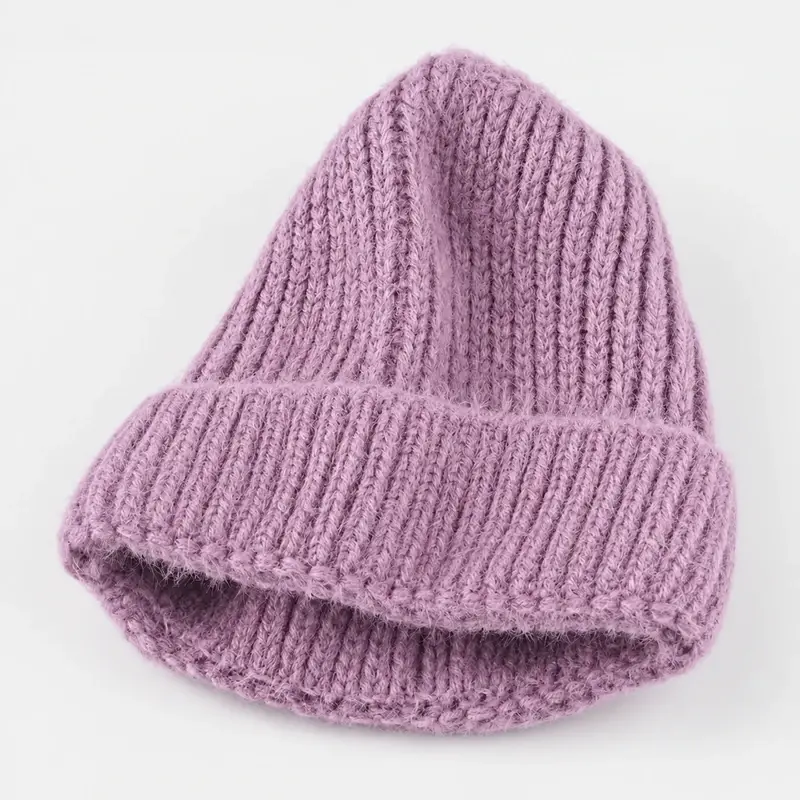 Lavender rib-knit slouchy beanie with a folded cuff