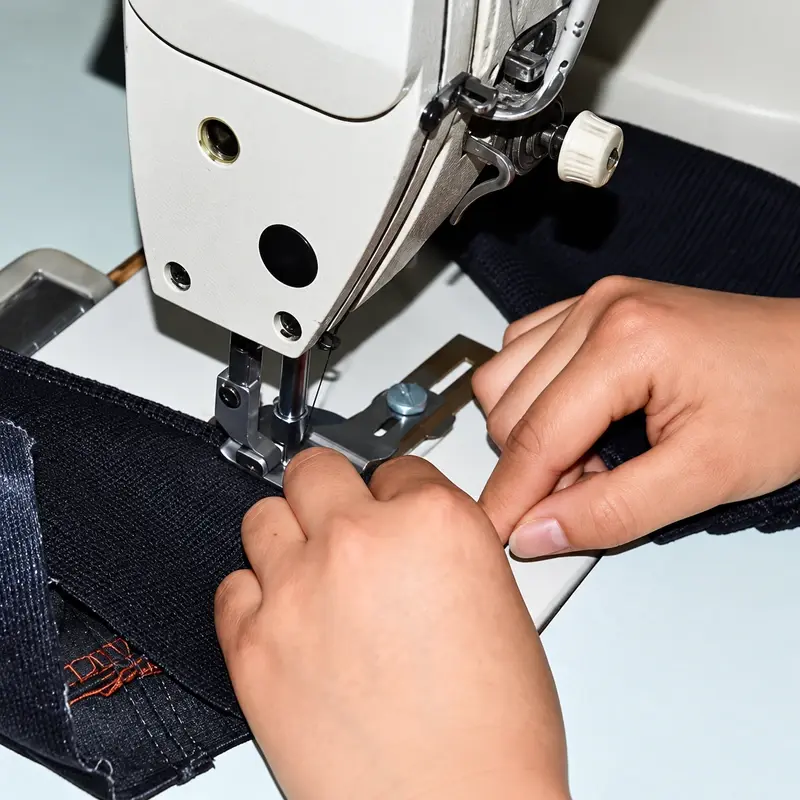 Sewing machine stitching a knitted patch onto dark fabric