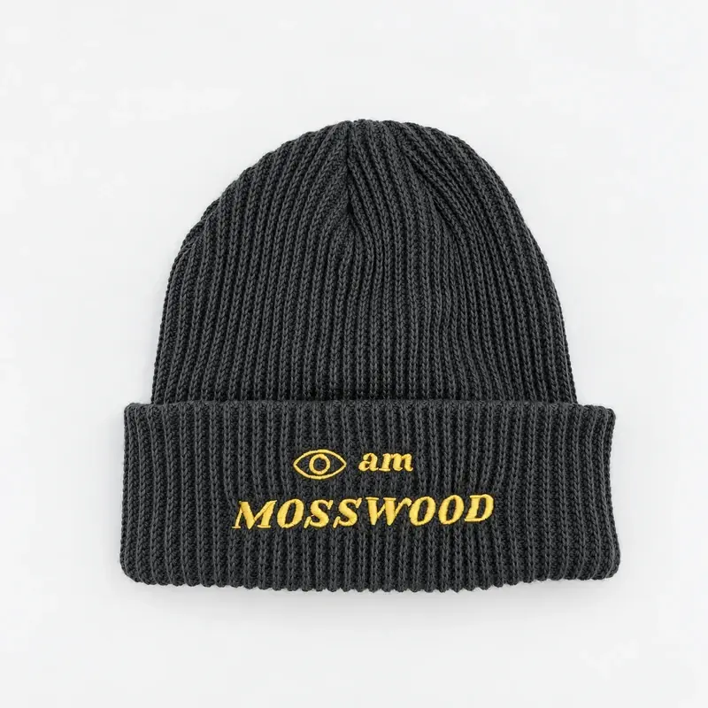 Dark charcoal short fisherman beanie with yellow “MOSSWOOD” embroidery